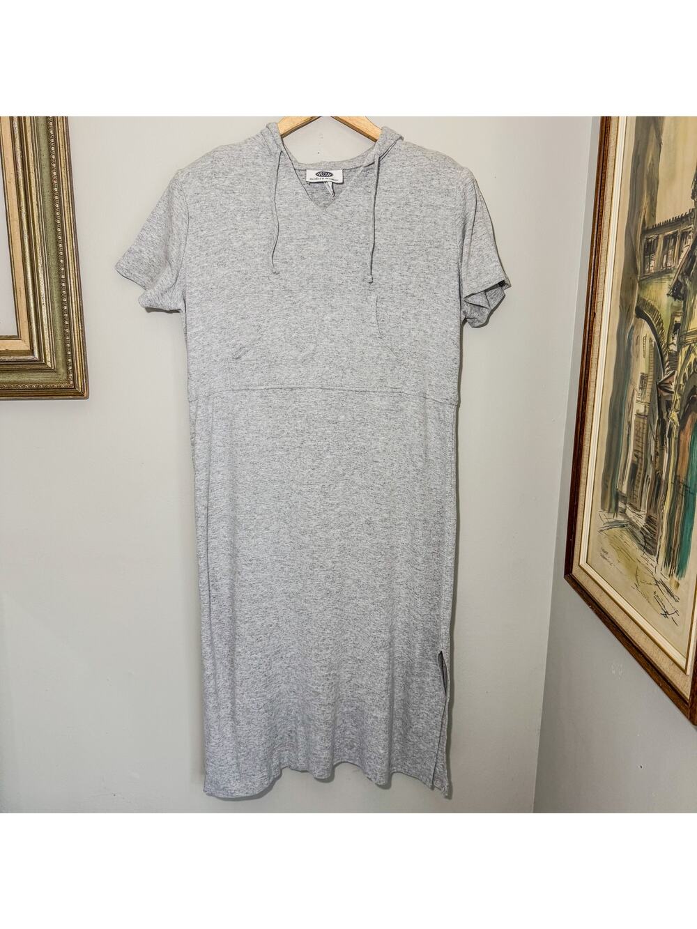 Vtg 90s Modern Woman Heather Grey Hooded Maxi Dress Knit T-Shirt Plus 14/16